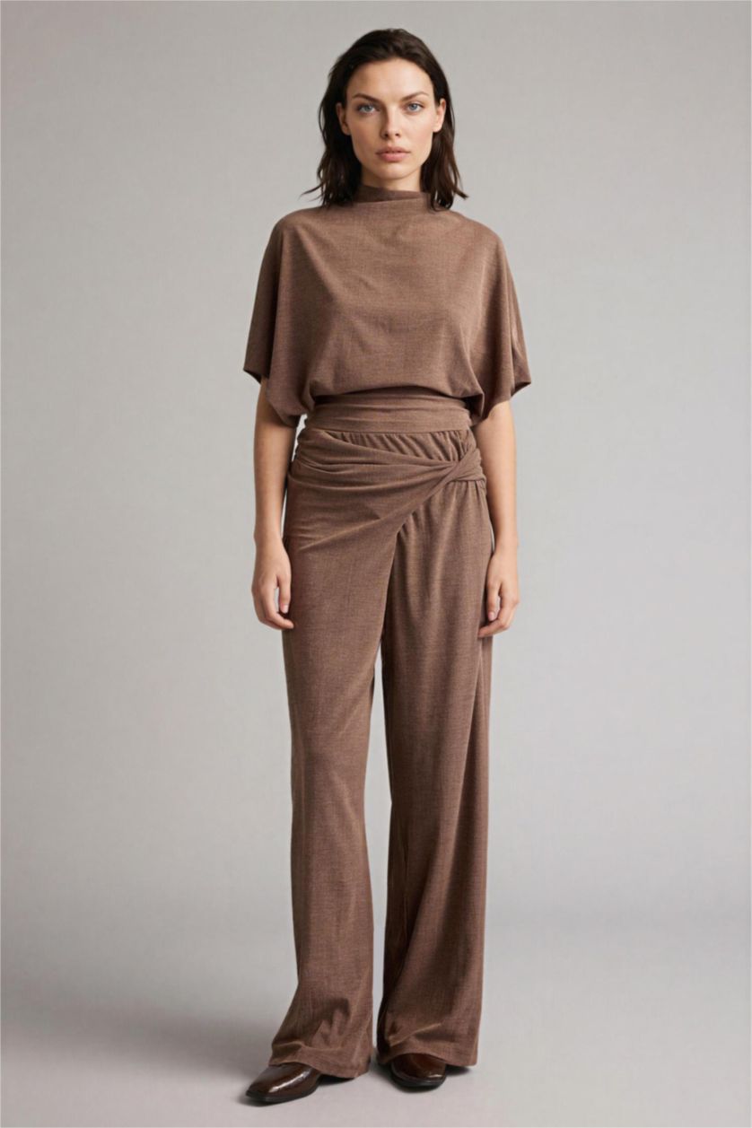 Kadın Açık Kahve Wıde Leg Krep Pantolon