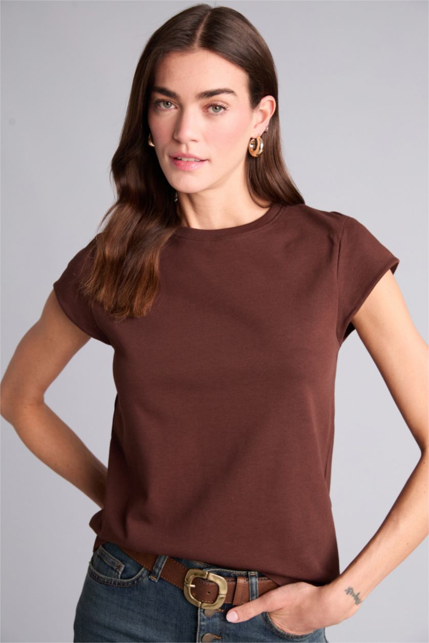 Kadın Kahve Basıc Kısa Kollu Tişört
