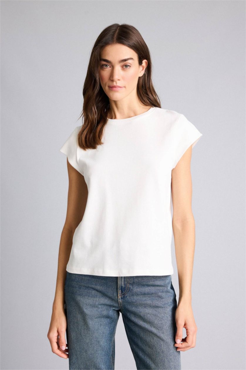 Kadın Ekru Regular Fıt Bisiklet Yaka Basıc Düz Kısa Kollu Tişört