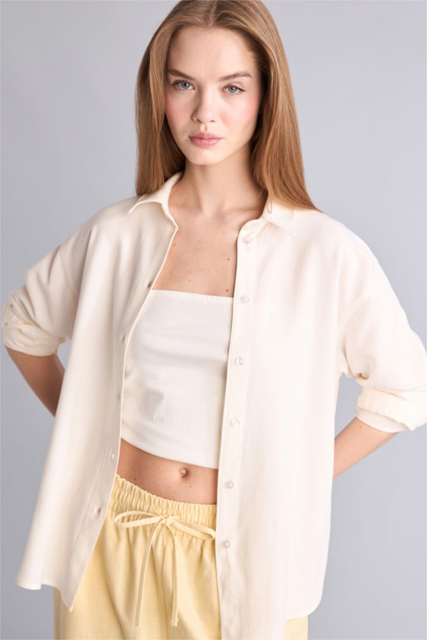 Kadın Beyaz Oversize Uzun Kollu Keten Gömlek