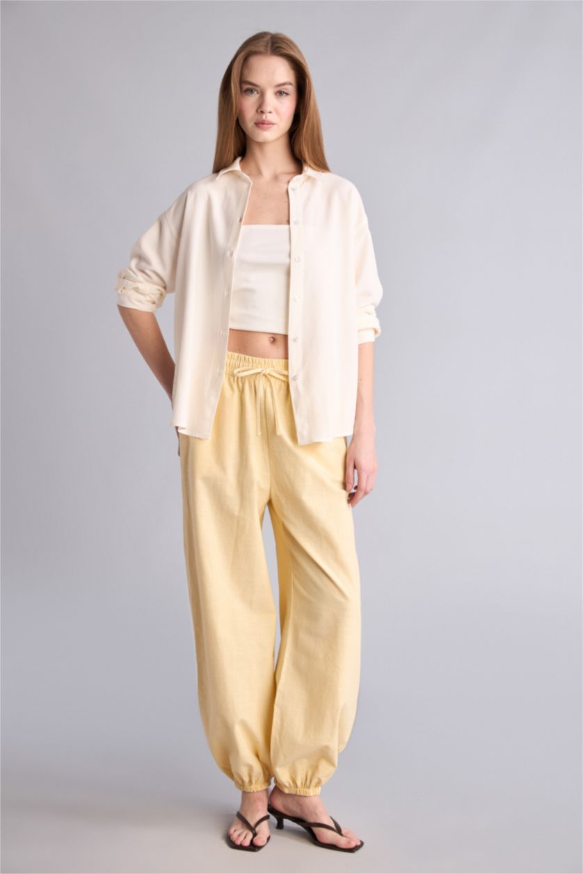 Kadın Beyaz Oversize Uzun Kollu Keten Gömlek