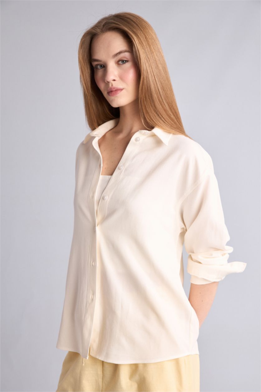 Kadın Beyaz Oversize Uzun Kollu Keten Gömlek