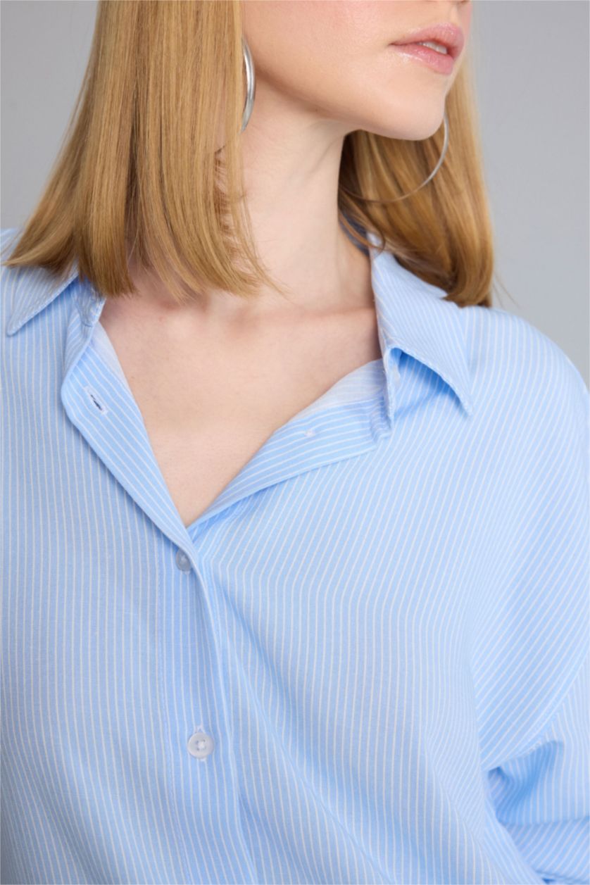 Woman Light Blue Linen Blended Long Sleeve Shirt