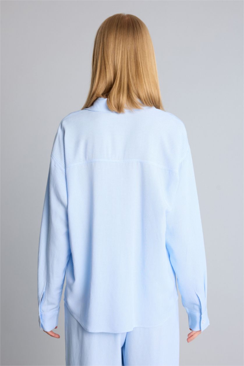 Woman Light Blue Linen Blended Long Sleeve Shirt