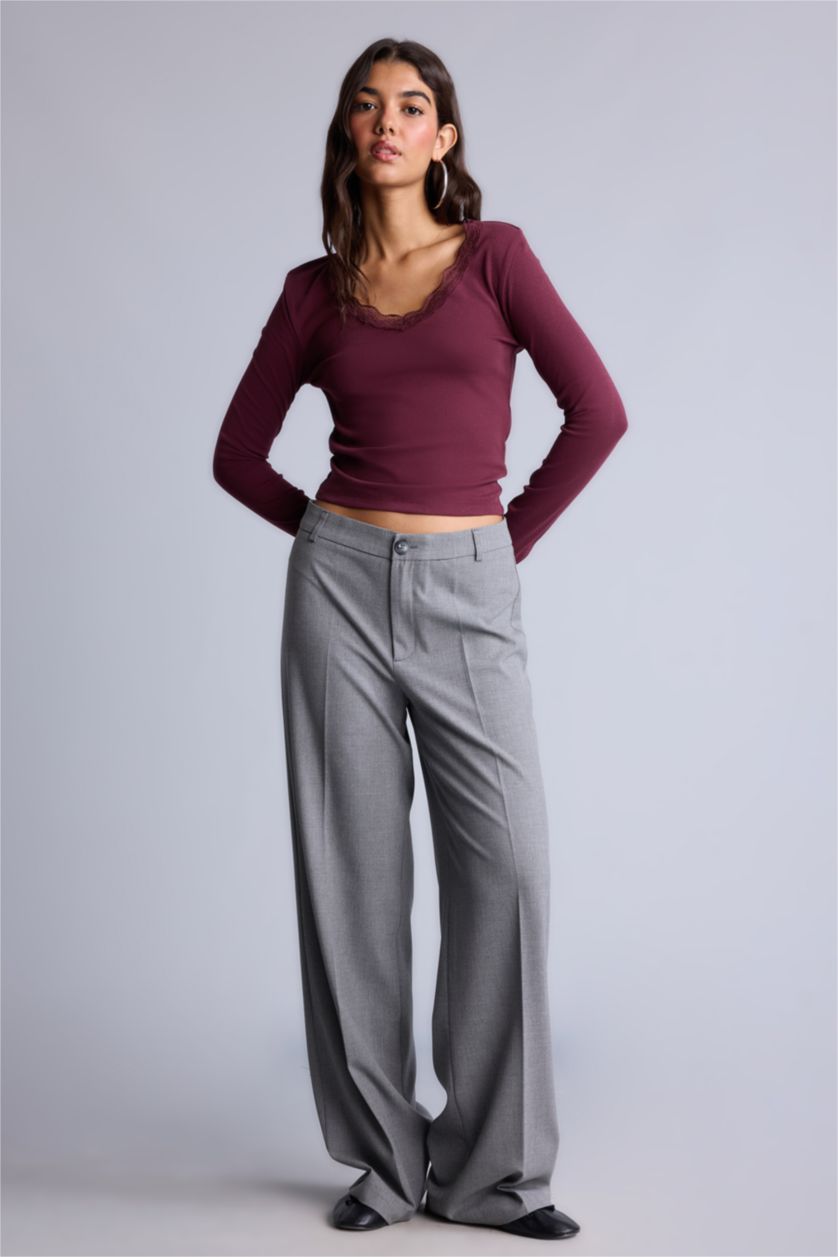 WOMAN Bordeaux Slim Fit Ribana Long Sleeve T-Shirt