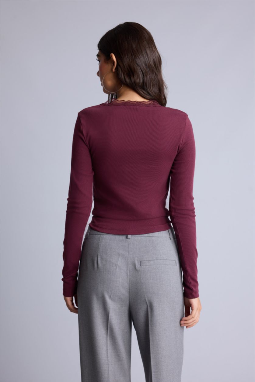 WOMAN Bordeaux Slim Fit Ribana Long Sleeve T-Shirt