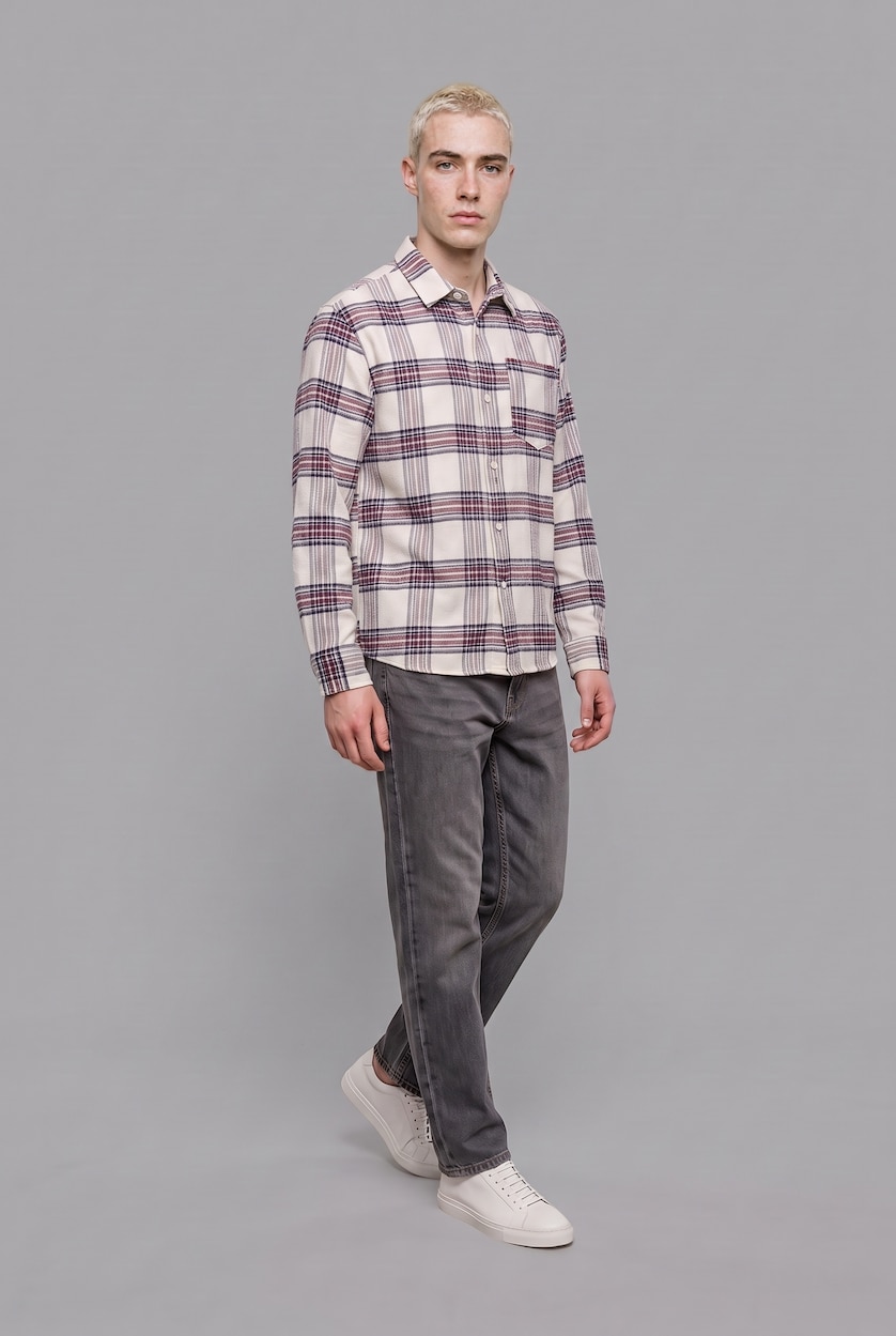 Man Ecru Boxy Fit Flanel Long Sleeve Shirt
