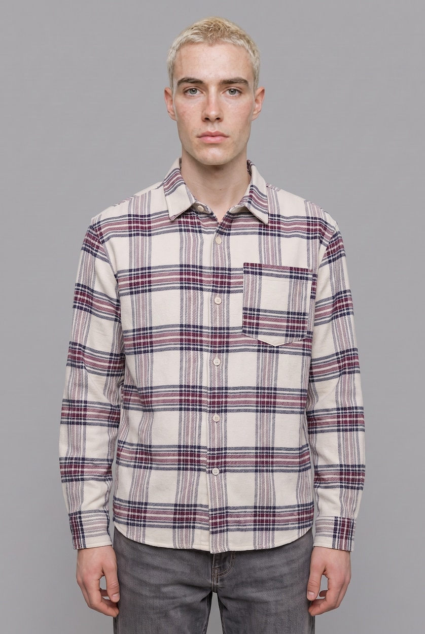 Man Ecru Boxy Fit Flanel Long Sleeve Shirt