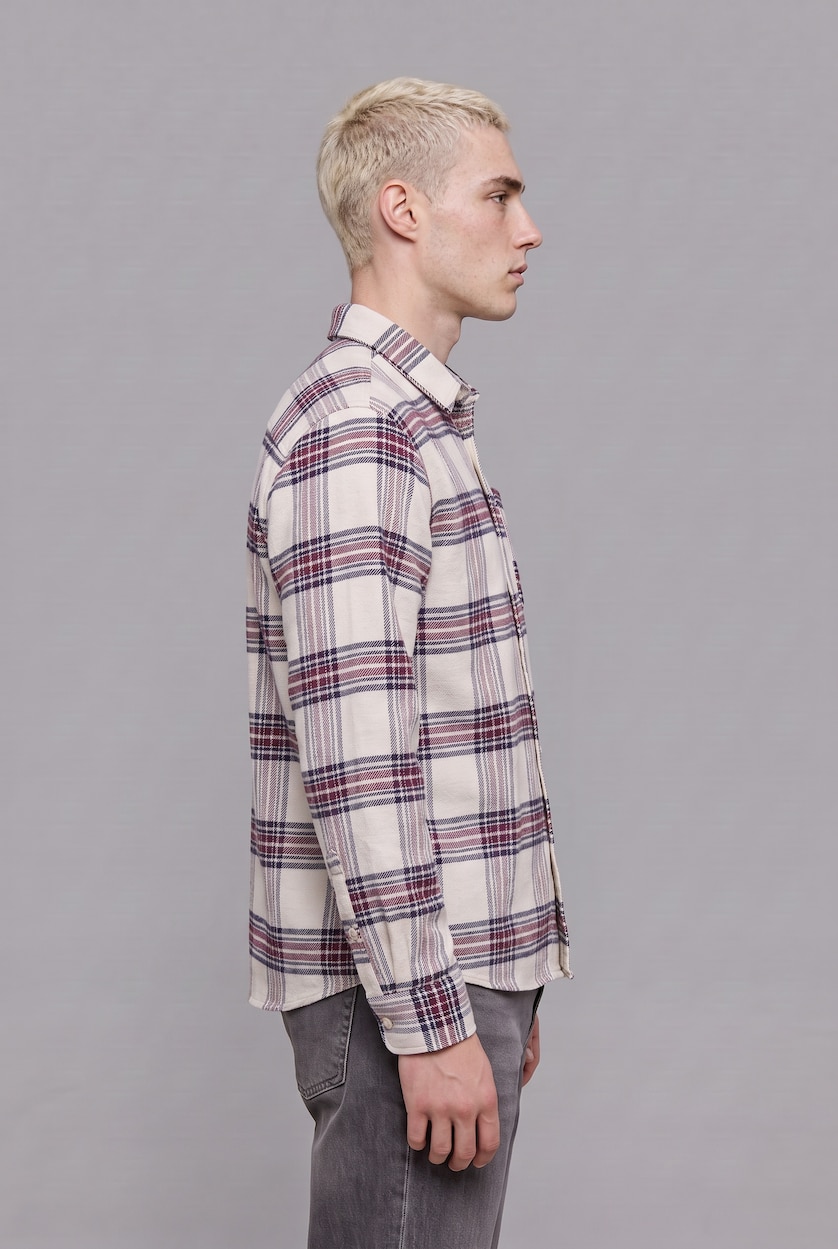 Man Ecru Boxy Fit Flanel Long Sleeve Shirt