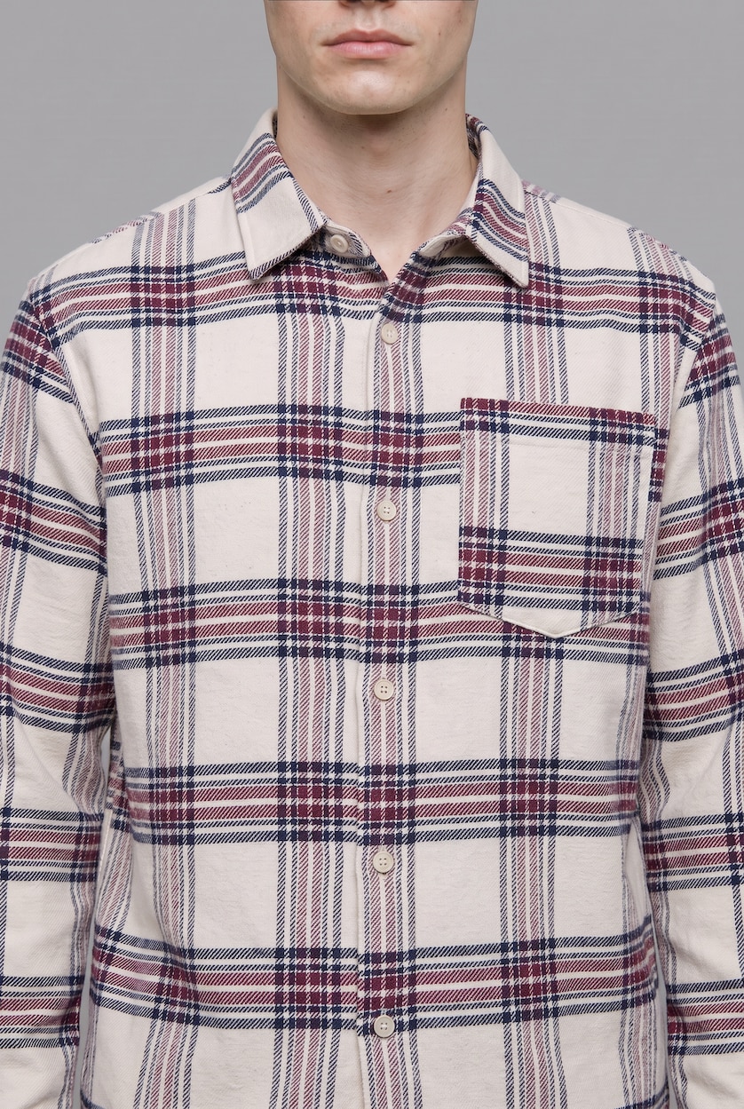 Man Ecru Boxy Fit Flanel Long Sleeve Shirt