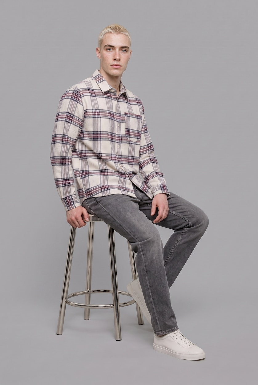 Man Ecru Boxy Fit Flanel Long Sleeve Shirt