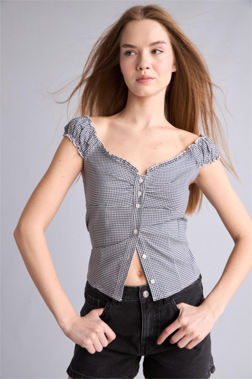 نساء كحلي Fitted V-Neck Poplin Short Sleeve Blouse