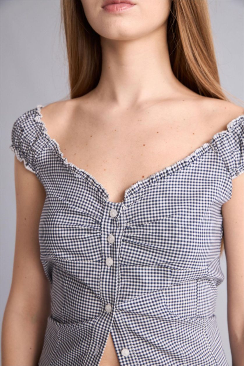 نساء كحلي Fitted V-Neck Poplin Short Sleeve Blouse