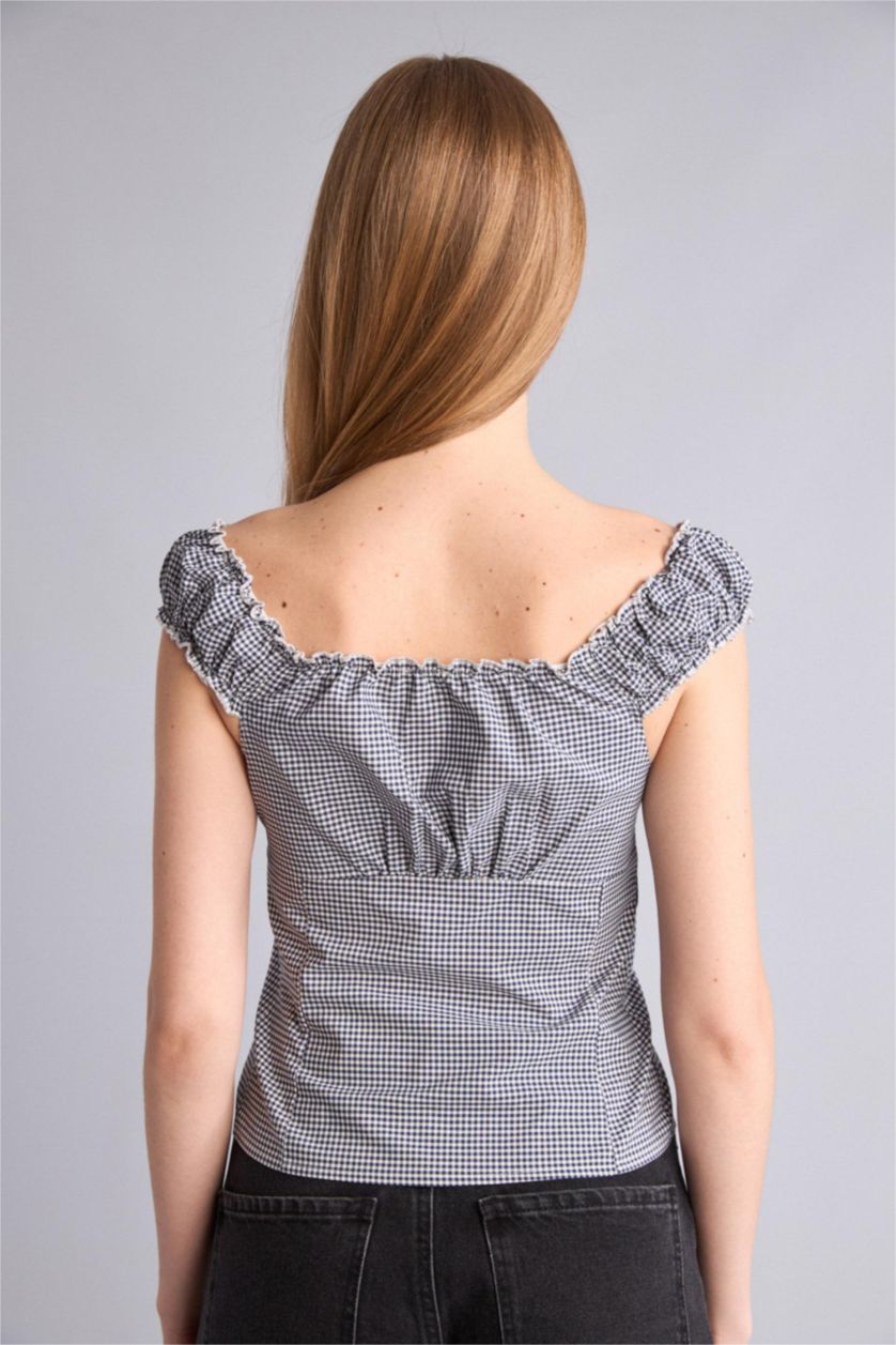 نساء كحلي Fitted V-Neck Poplin Short Sleeve Blouse