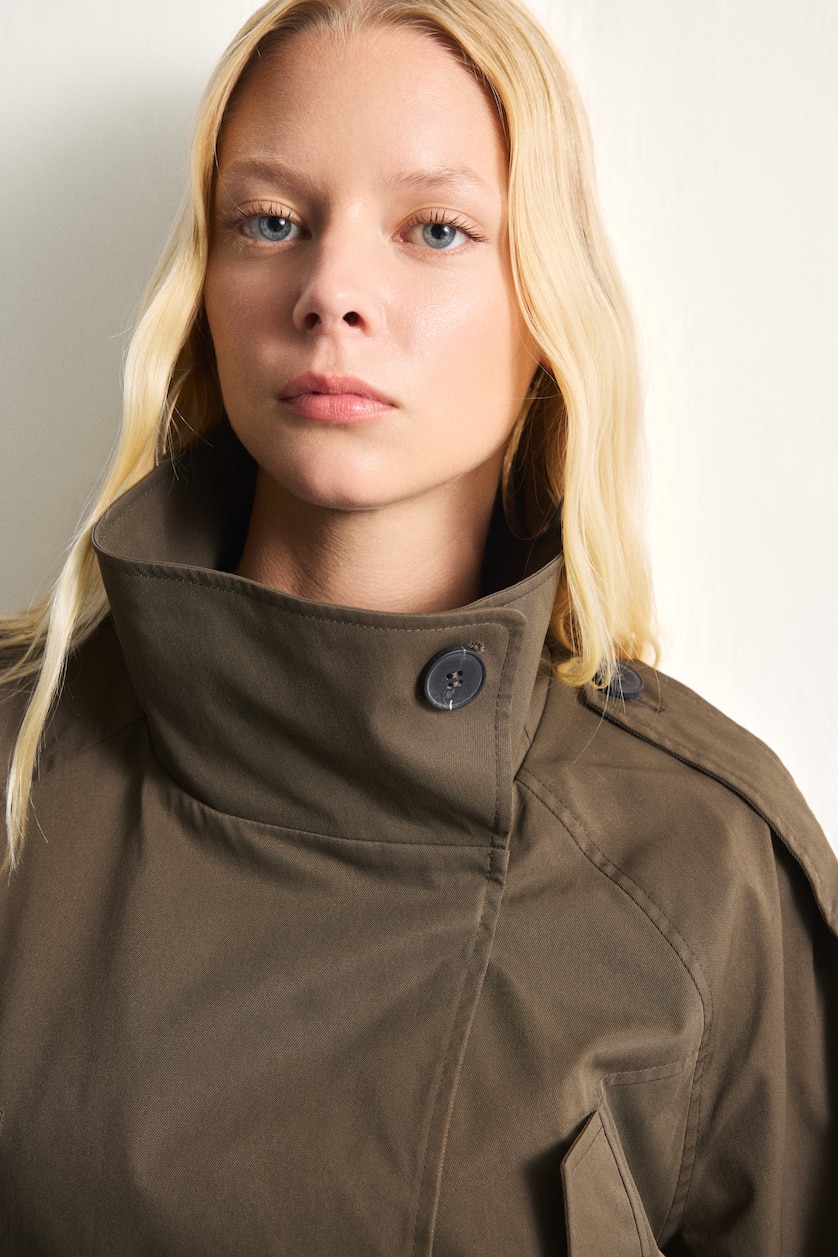 Women Khaki Regular Fit Stand Collar Trench Coat