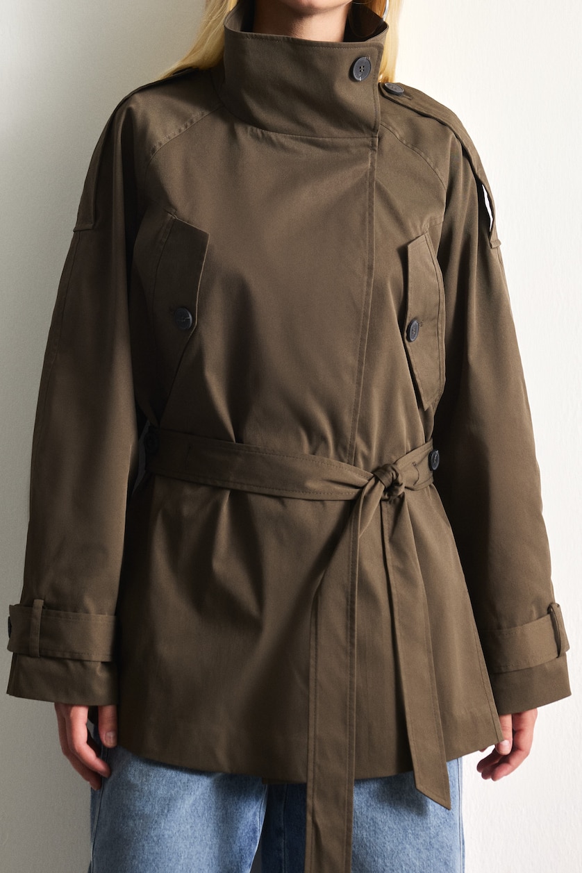 Women Khaki Regular Fit Stand Collar Trench Coat