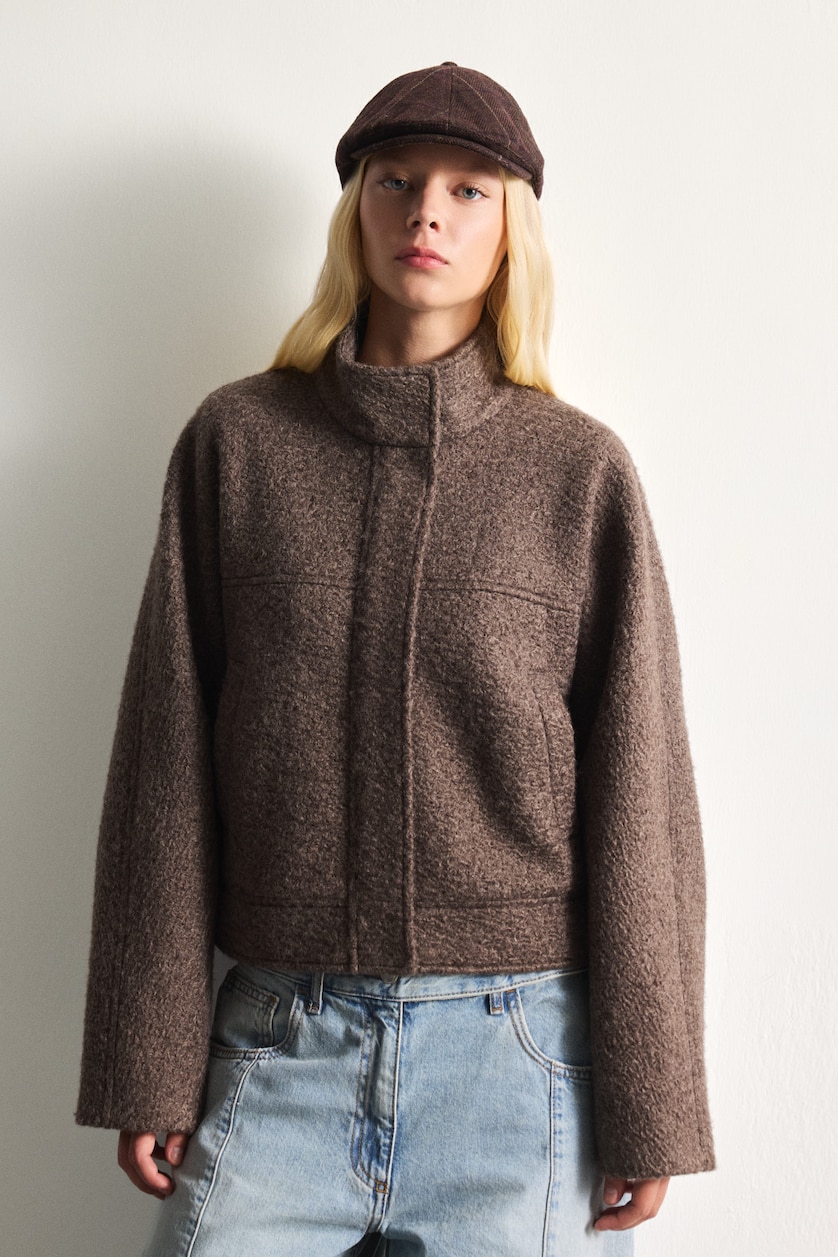 Women Brown Regular Fit Textured Wool-Blend Polo Collar Cropped Coat