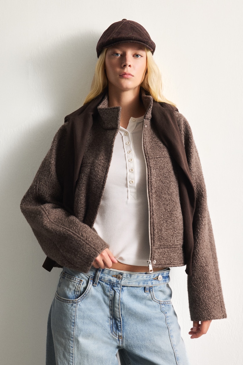 Women Brown Regular Fit Textured Wool-Blend Polo Collar Cropped Coat