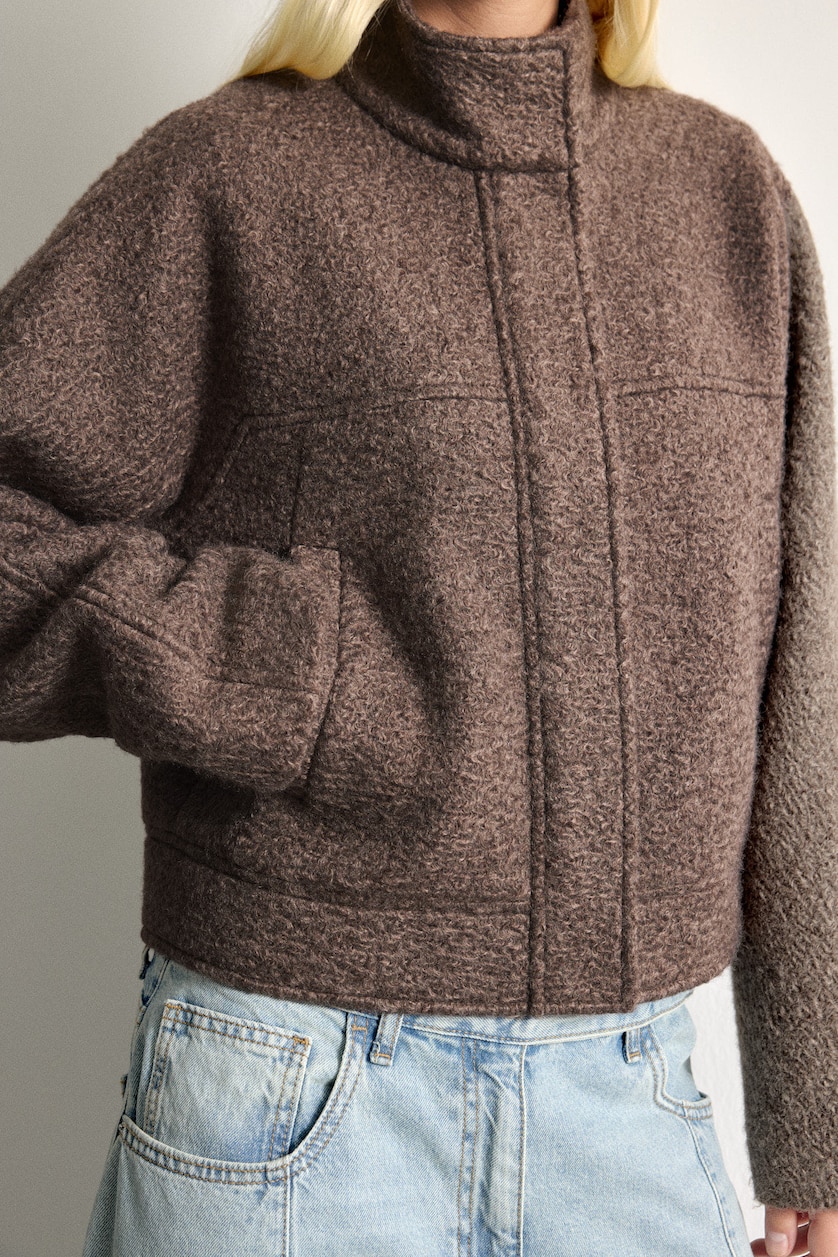 Women Brown Regular Fit Textured Wool-Blend Polo Collar Cropped Coat