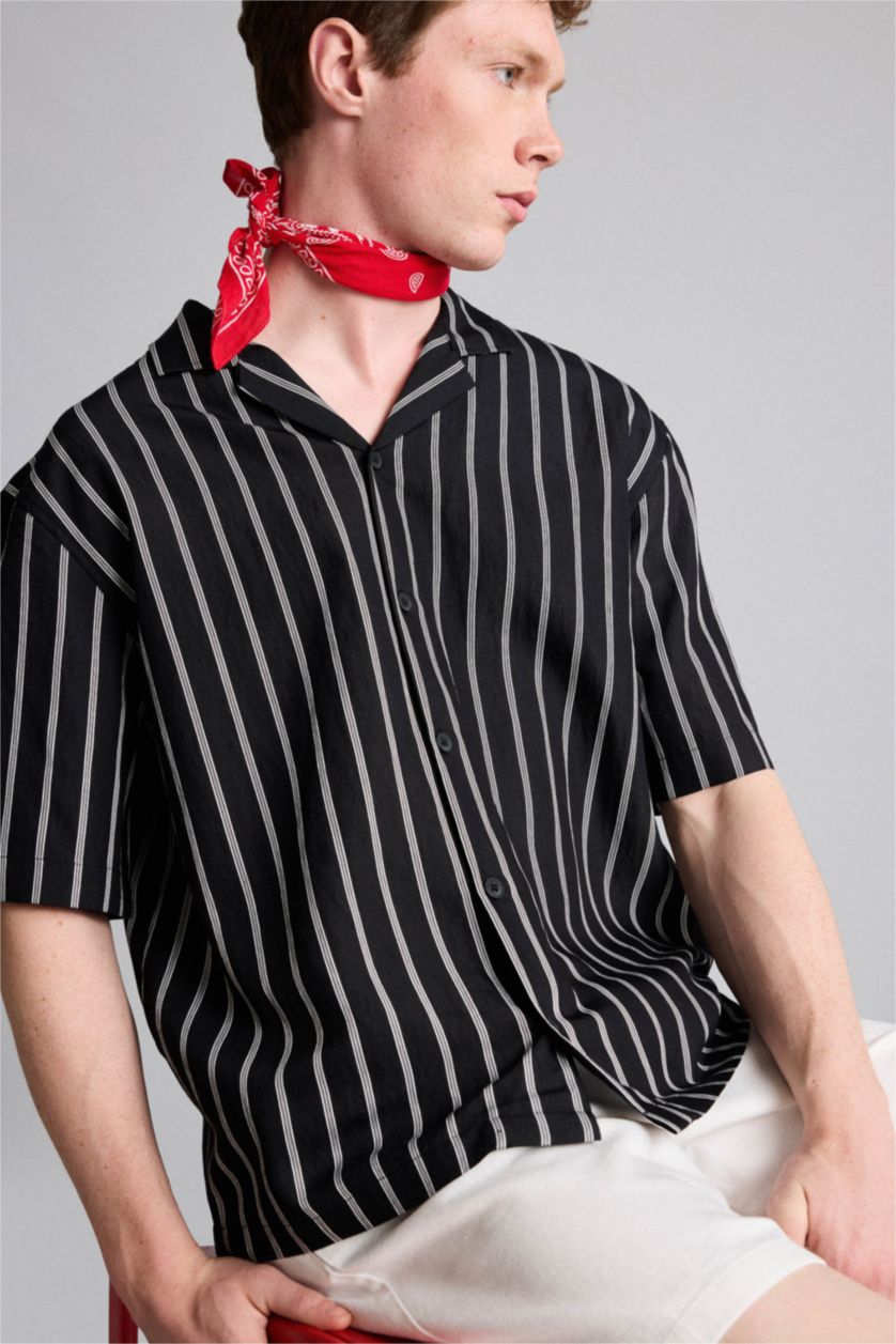 Erkek Siyah Boxy Fit Kısa kollu Gömlek