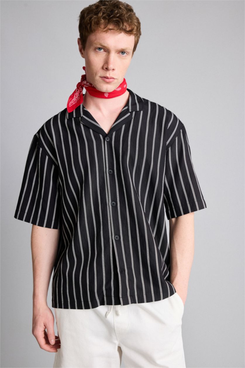 Erkek Siyah Boxy Fit Kısa kollu Gömlek