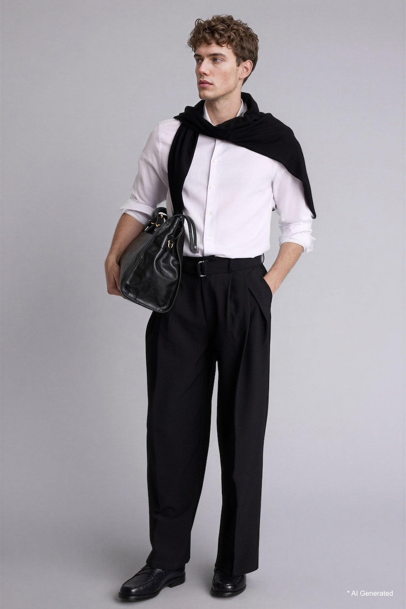 Man Black Wide Leg Pleated Trousers