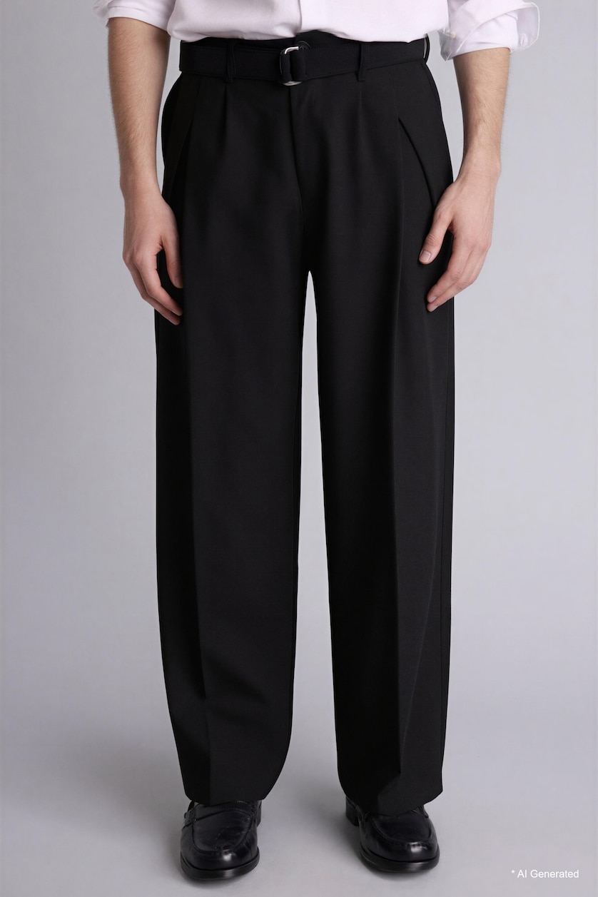 Man Black Wide Leg Pleated Trousers