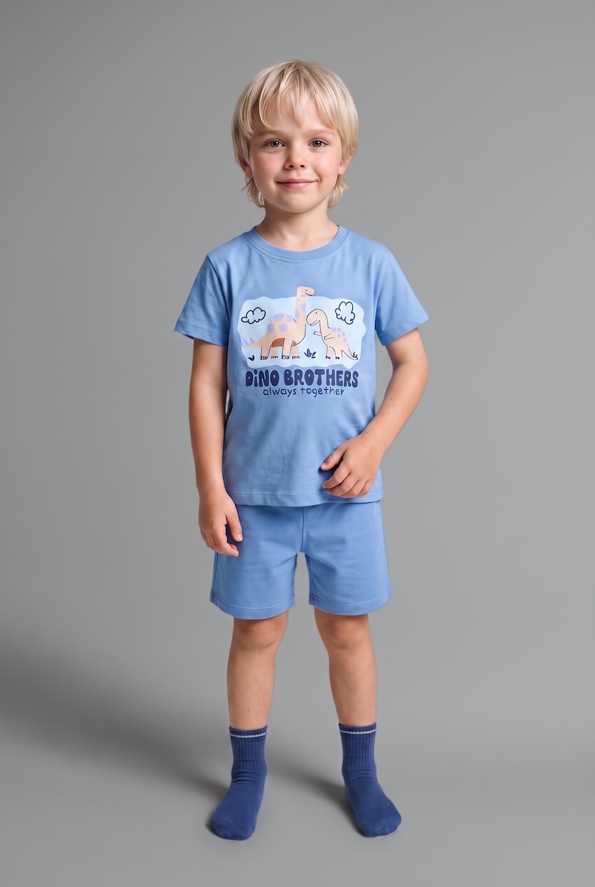 Erkek Bebek Mavi %100 Pamuk Dinozor Baskılı 2'li Pijama Takımı Erkek Bebek