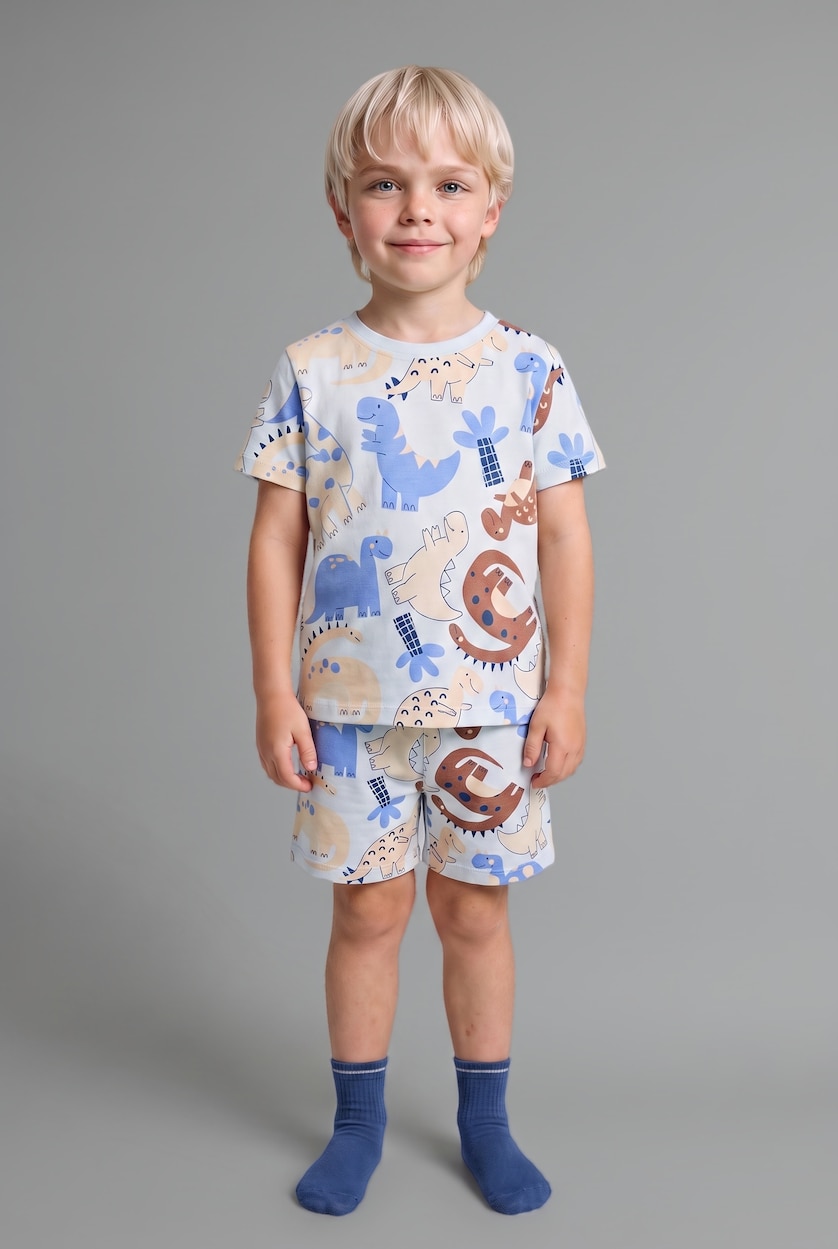 Erkek Bebek Mavi %100 Pamuk Dinozor Baskılı 2'li Pijama Takımı Erkek Bebek