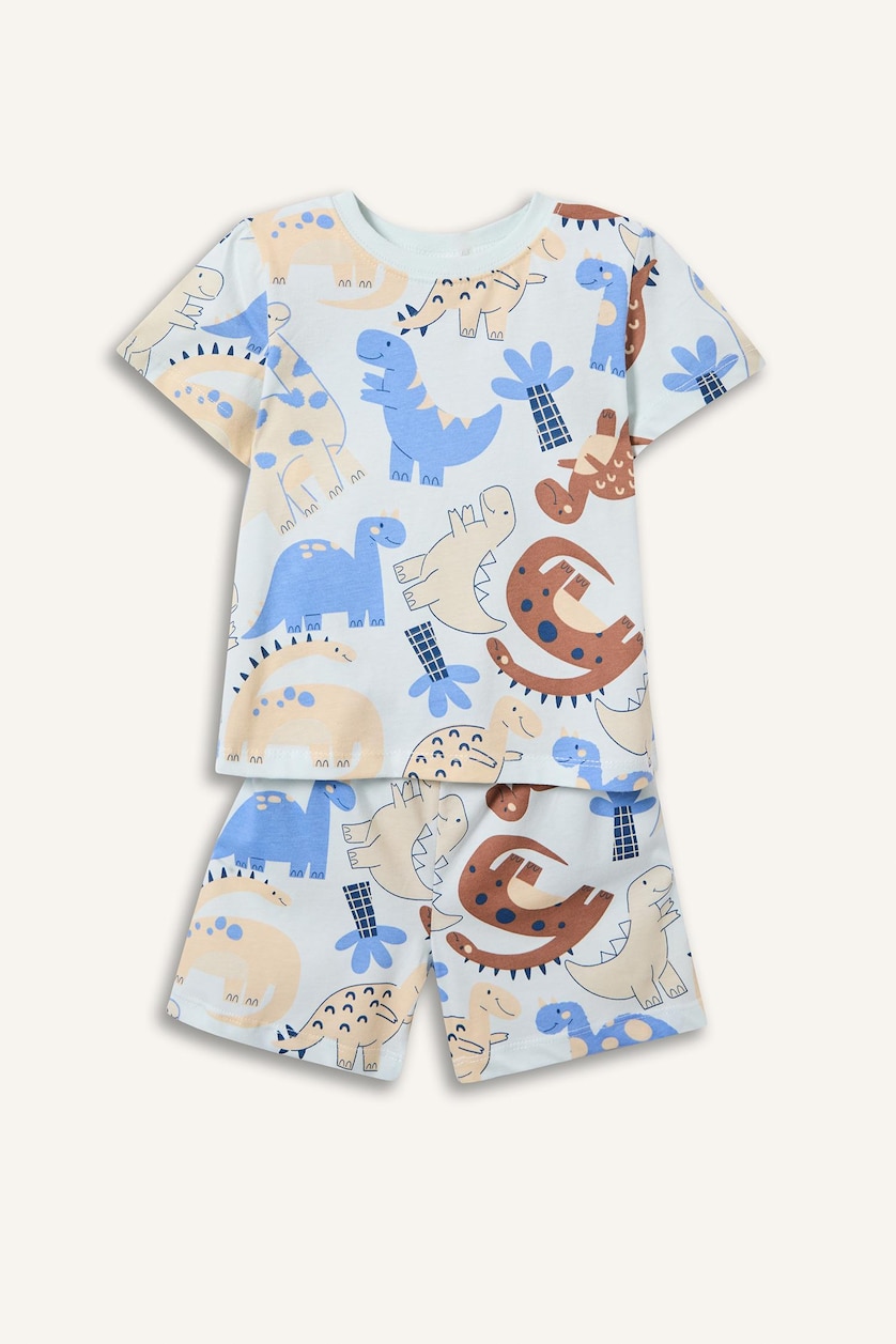 Erkek Bebek Mavi %100 Pamuk Dinozor Baskılı 2'li Pijama Takımı Erkek Bebek