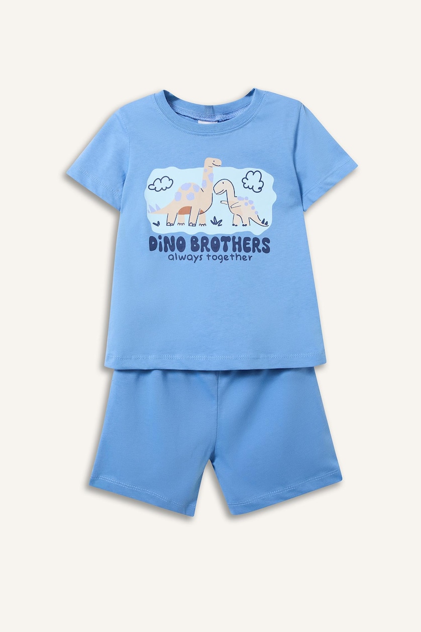Erkek Bebek Mavi %100 Pamuk Dinozor Baskılı 2'li Pijama Takımı Erkek Bebek