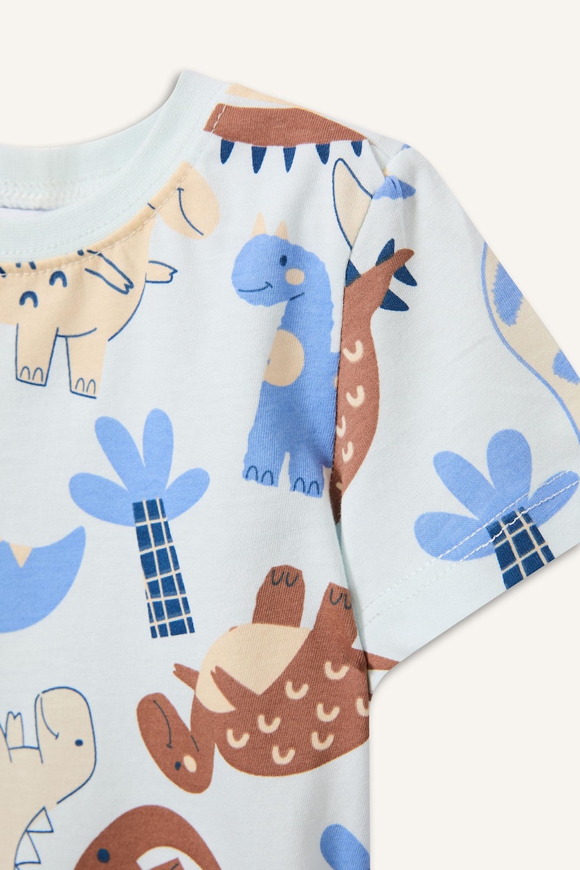 Erkek Bebek Mavi %100 Pamuk Dinozor Baskılı 2'li Pijama Takımı Erkek Bebek