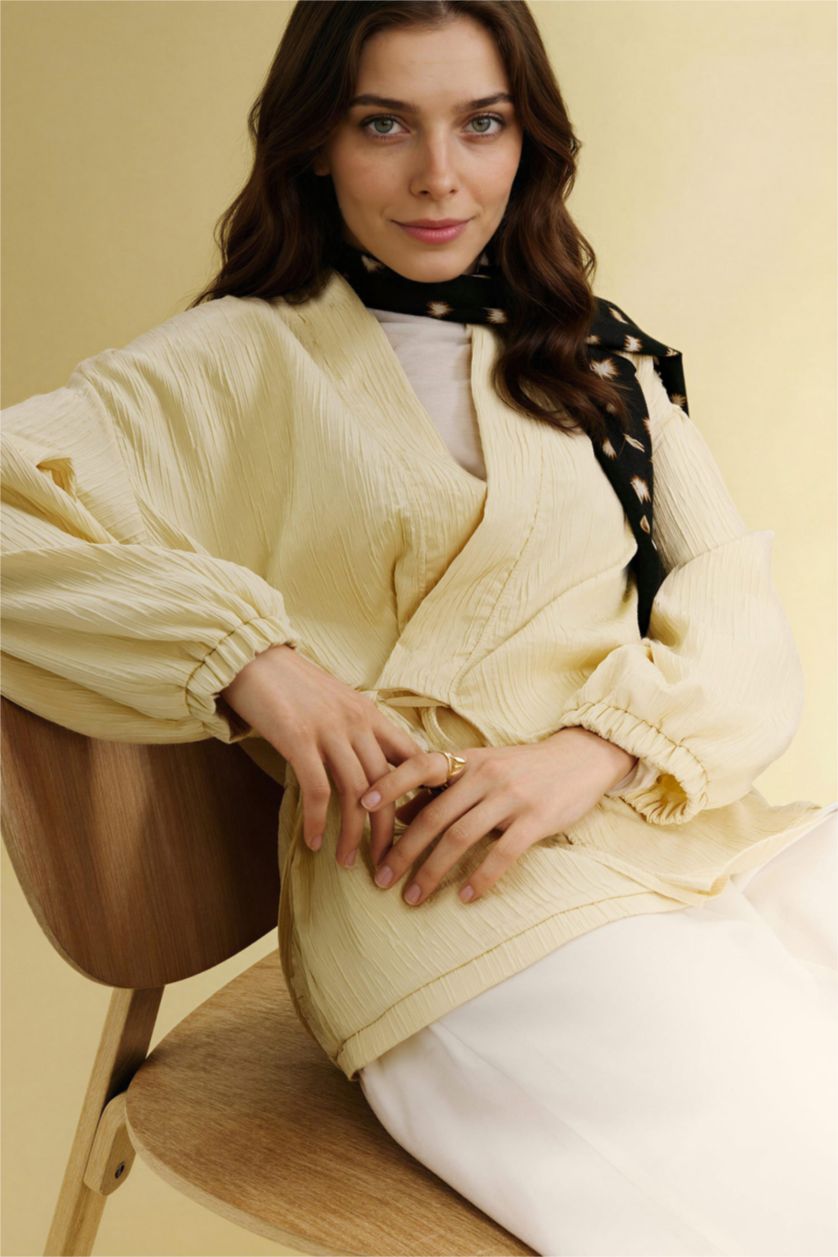 WOMAN Light Yellow Regular Fit V-Neck Crinkle Fabric Blazer