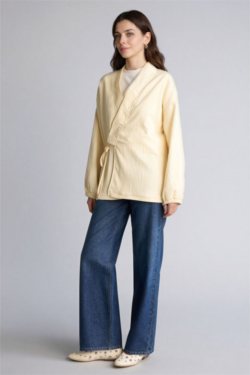 نساء أصفر فاتح سترة بليزر قصة عادية بياقة V من قماش مجعد