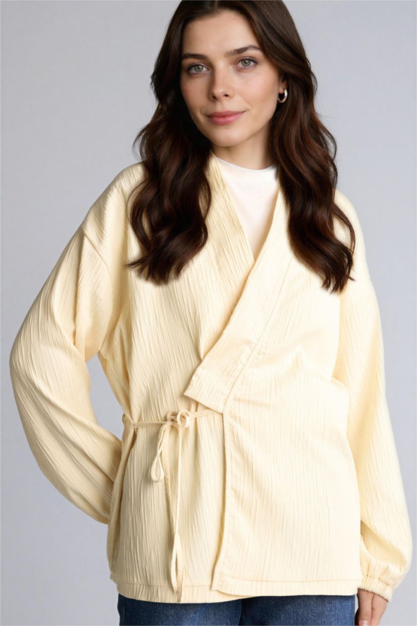 WOMAN Light Yellow Regular Fit V-Neck Crinkle Fabric Blazer