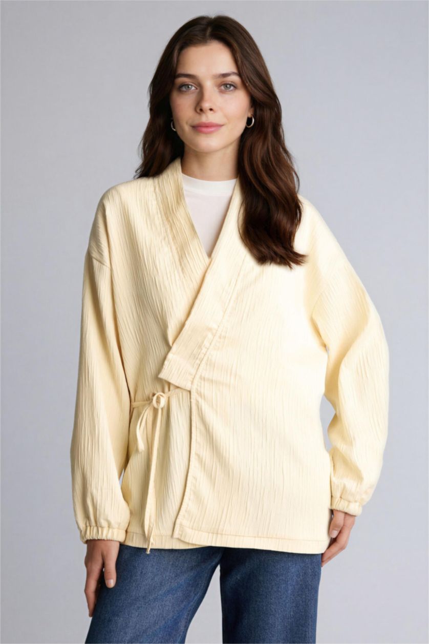 WOMAN Light Yellow Regular Fit V-Neck Crinkle Fabric Blazer