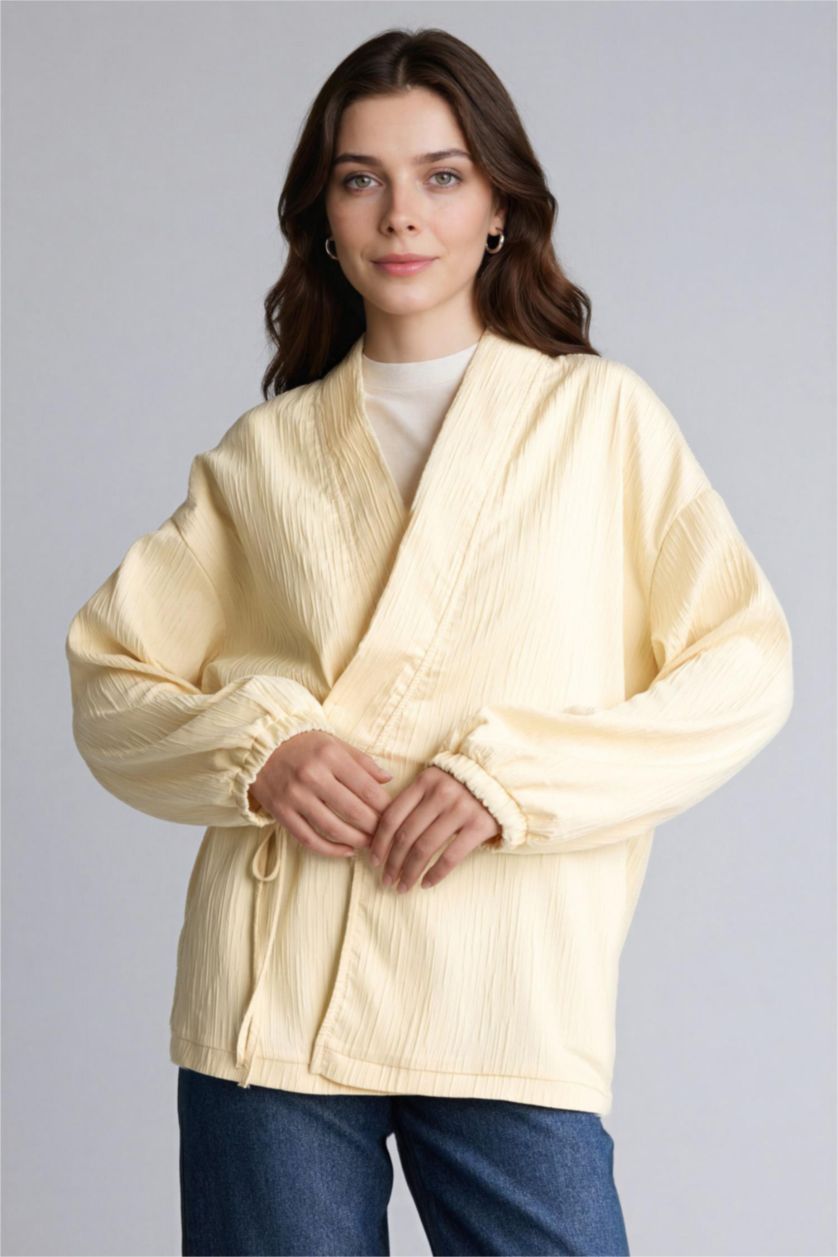 WOMAN Light Yellow Regular Fit V-Neck Crinkle Fabric Blazer