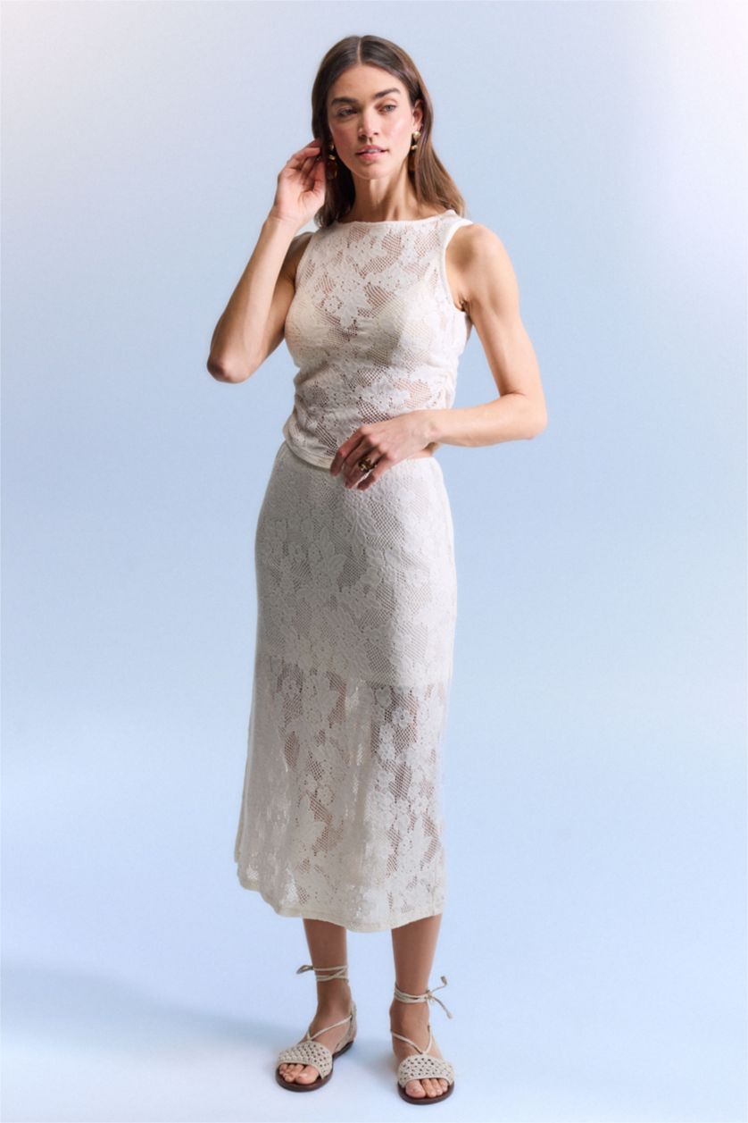 WOMAN White جيبة تريكو ميدي بنسل بخصر عادي