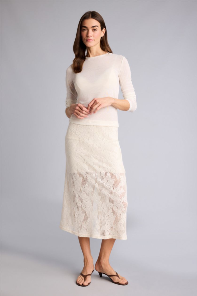 Kadın Kırık Beyaz Kalem Normal Bel Midi Etek