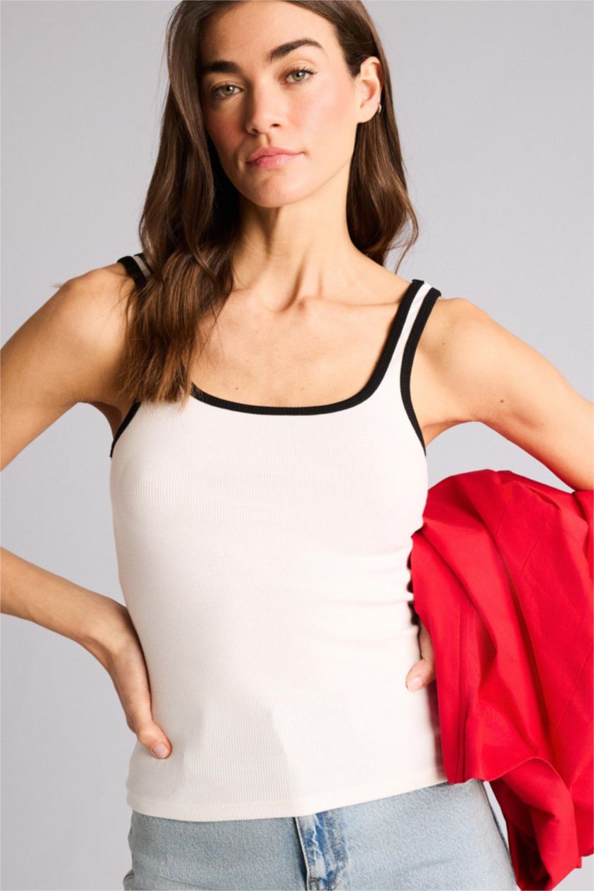 Kadın Ekru Slım Fıt Basıc Düz Bisiklet Yaka Fitilli Kaşkorse Atlet