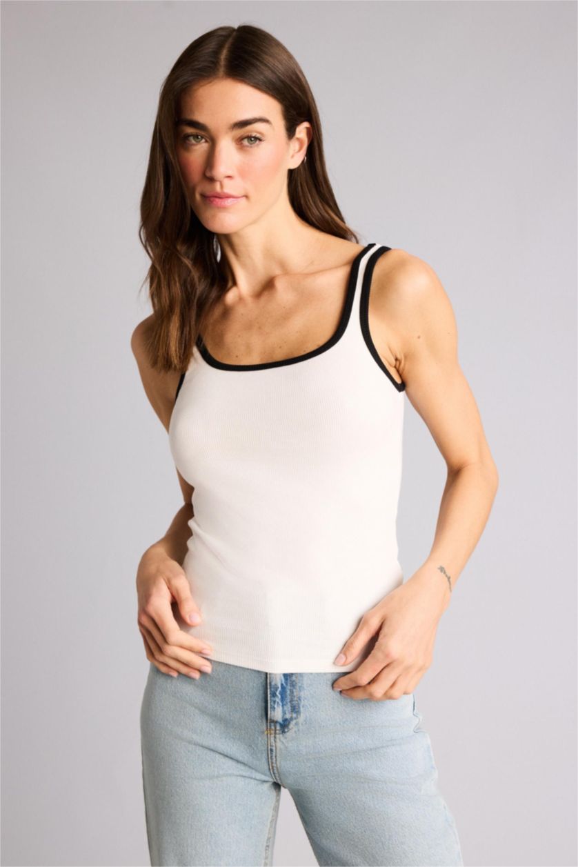 Kadın Ekru Slım Fıt Basıc Düz Bisiklet Yaka Fitilli Kaşkorse Atlet