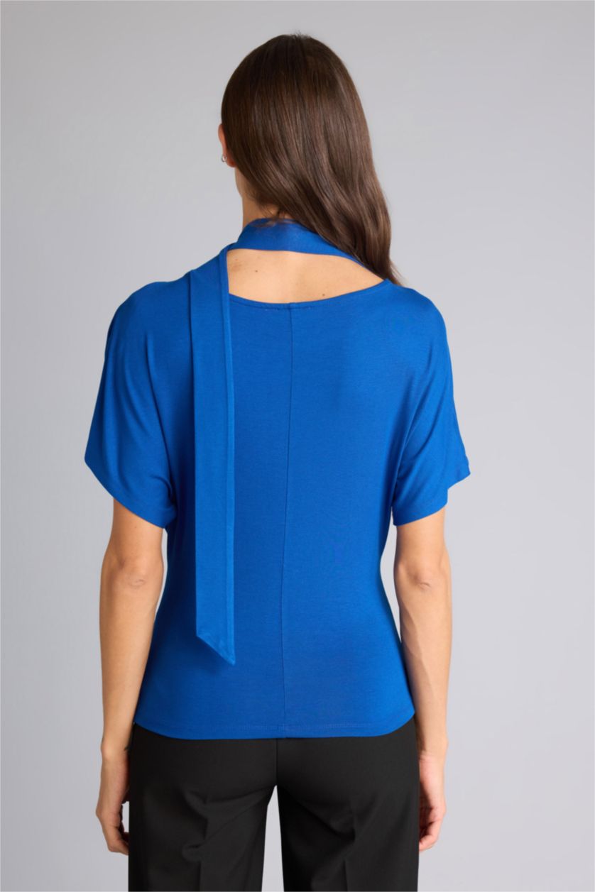 Woman Sax Slim Fit Boat Neck Shawl Detail T-Shirt