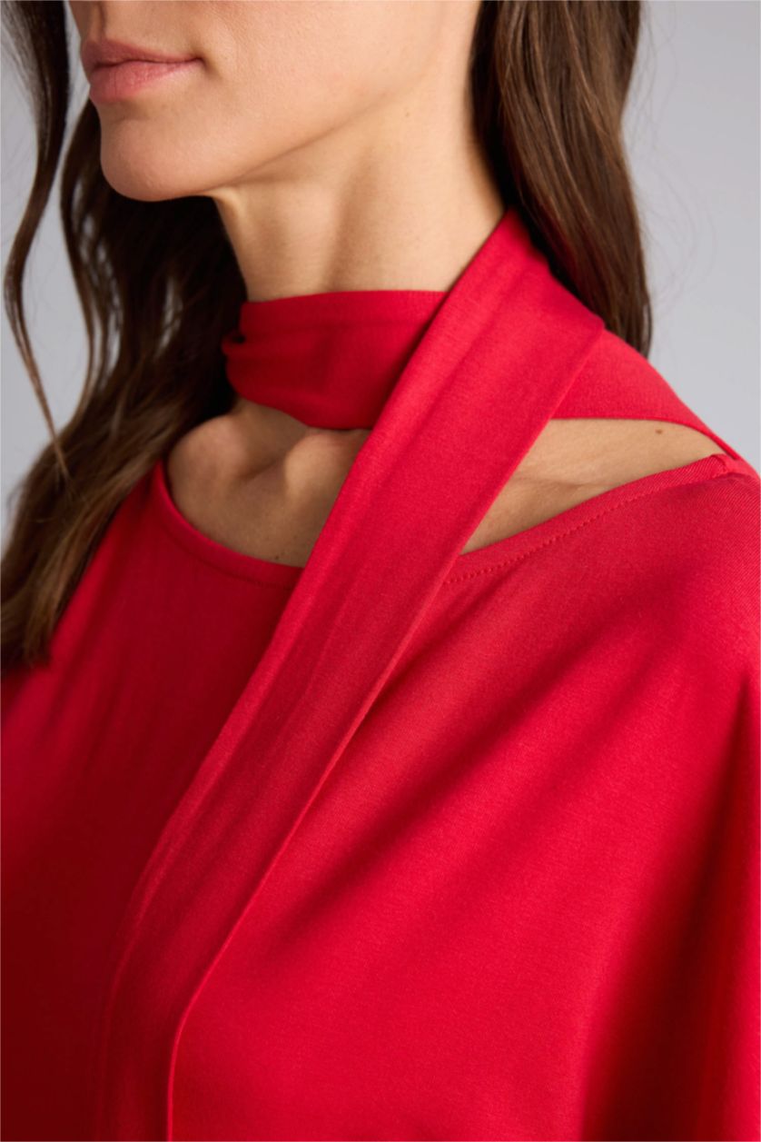 WOMAN Red Slim Fit Boat Neck Shawl Detail T-Shirt