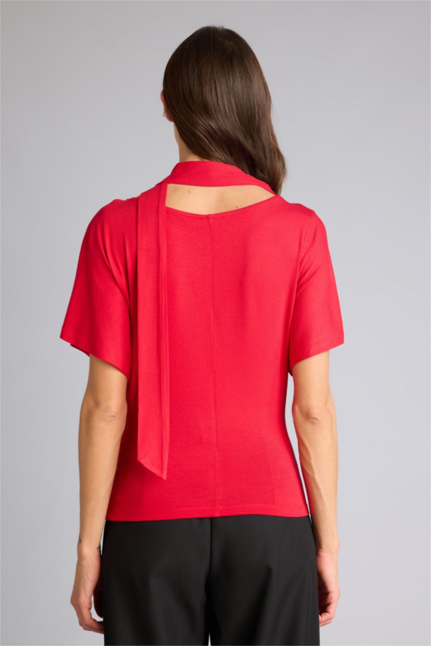 WOMAN Red Slim Fit Boat Neck Shawl Detail T-Shirt