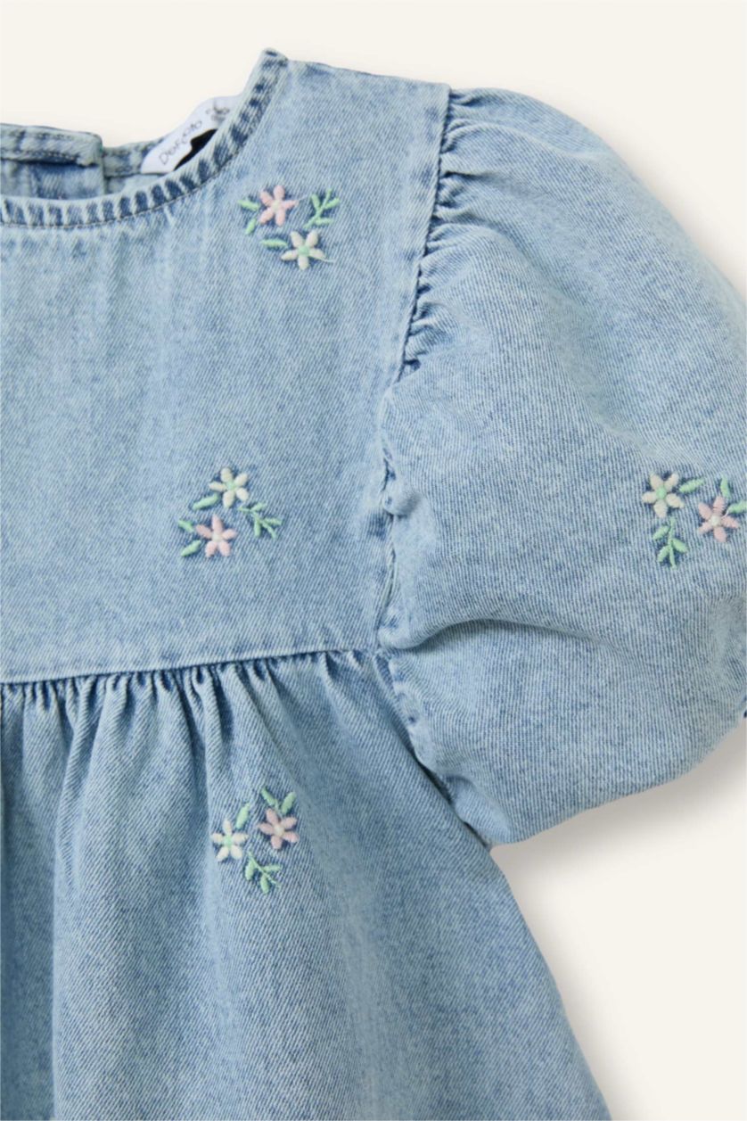 Kız Bebek Açık Mavi Pamuklu Denim Elbise Kız Bebek