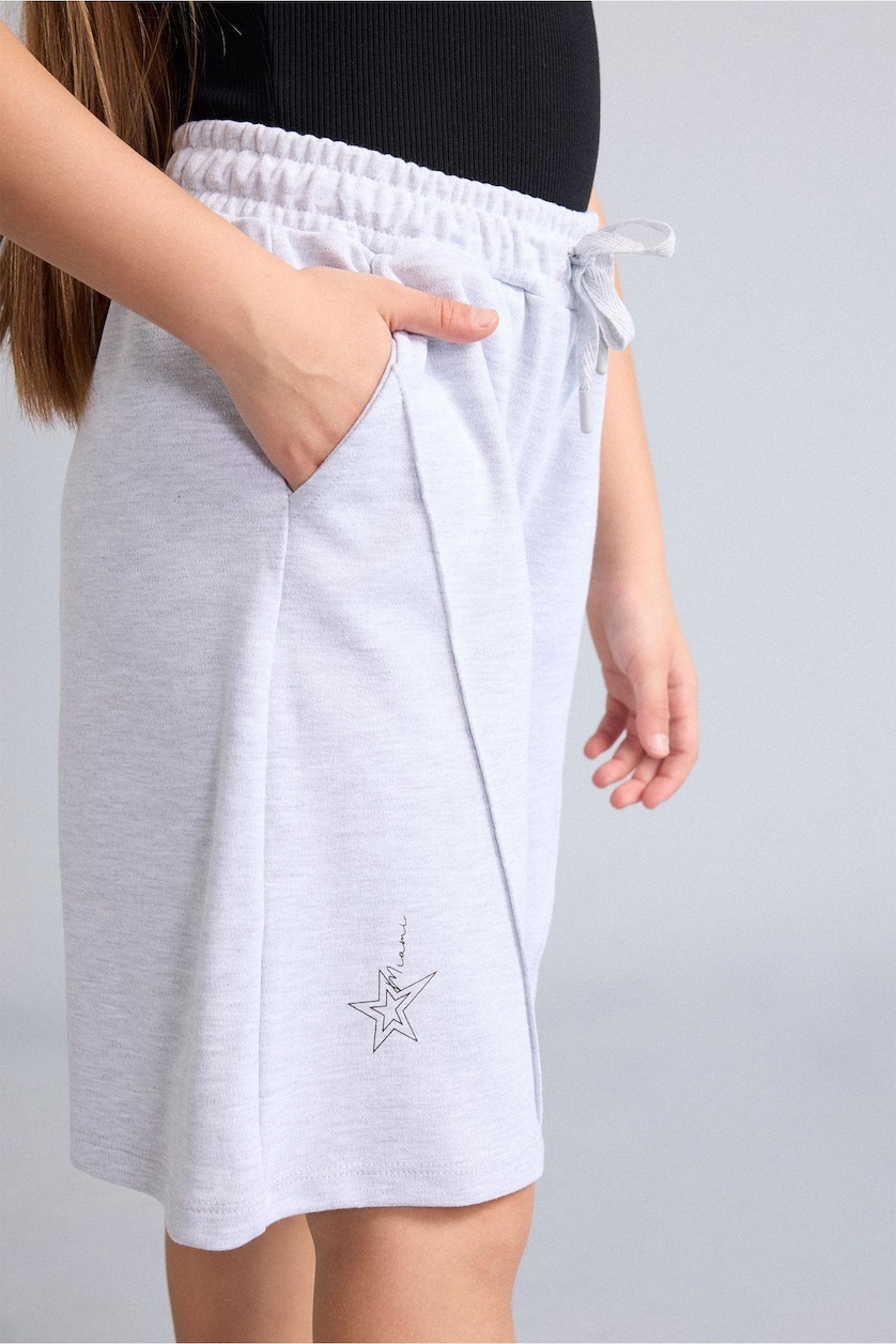 Girls & Teens Light Grey Melange Girl Elastic Waist Wide Leg Shorts