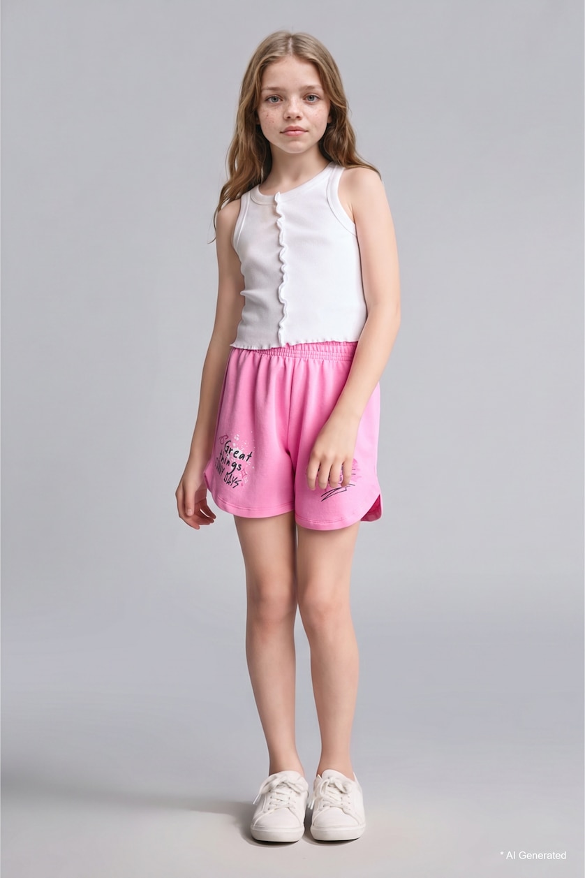 FILLES Rose Short rose à taille élastique avec détails brodés pour fille