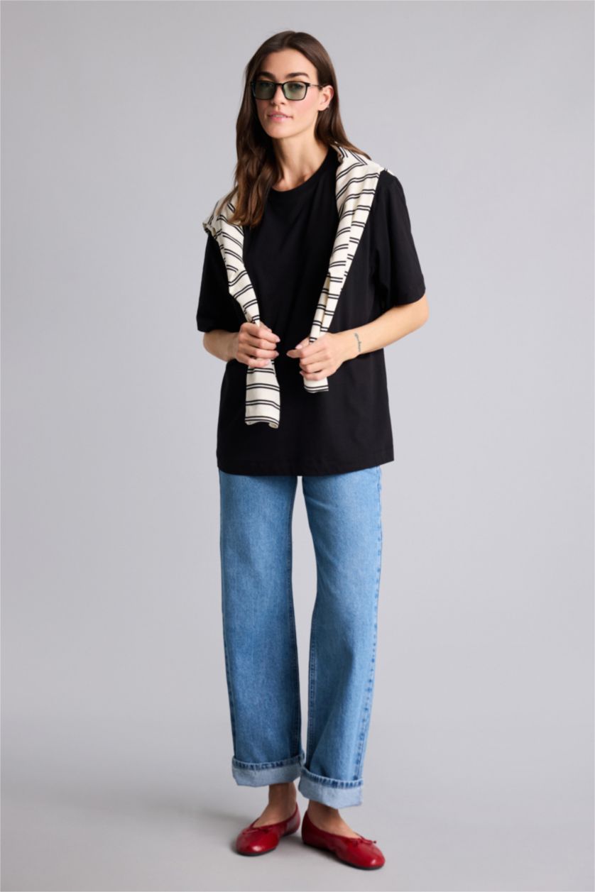 Kadın Siyah Relax Fıt Modal Kısa Kollu Tişört