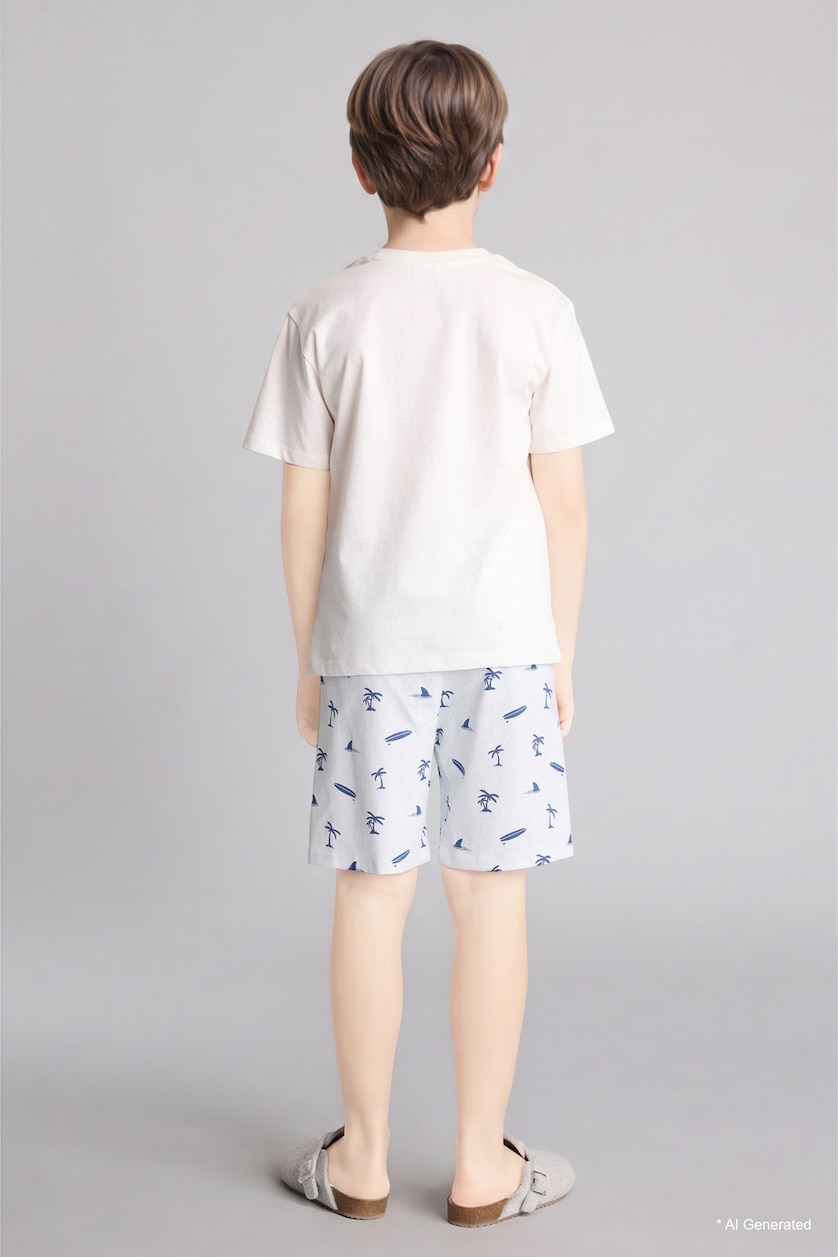 BOYS & TEENS Ecru Regular Fit Printed 2 Piece Shorts Pajama Set
