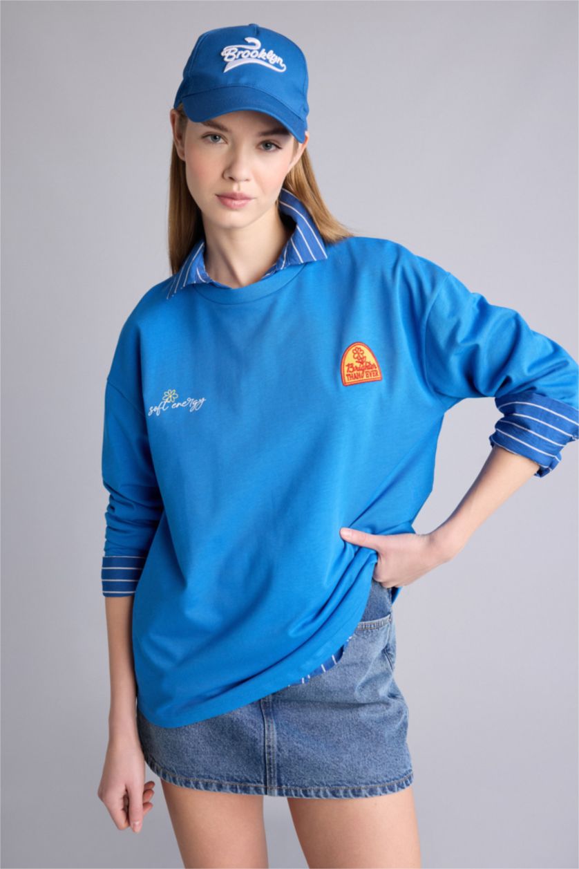 Kadın Saks Regular Fıt Bisiklet Yaka Uzun Kollu Tişört